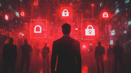 Digital Threat Environment: Businessmen Surrounded by Cybersecurity Warnings in a Corporate Setting, Representing the Risk of Modern Data Breaches and Cyber Attacks