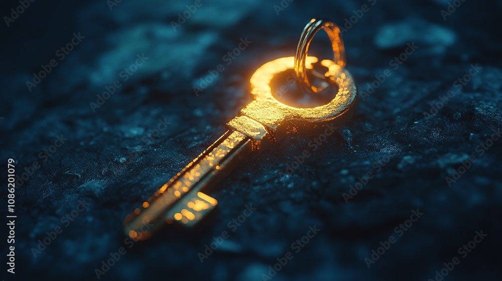 Poster a close-up of a shiny golden key resting on a textured surface.