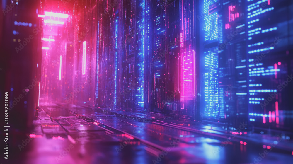 Poster futuristic cyber surveillance concept with digital data flowing through a neon environment, capturin