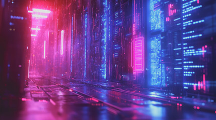 Futuristic Cyber Surveillance Concept with Digital Data Flowing Through a Neon Environment, Capturing the Essence of Advanced Technology and Virtual Reality