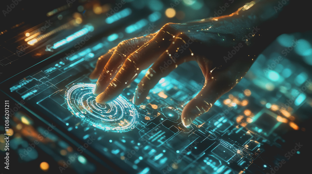 Poster conceptual image of a human hand interacting with a futuristic cybersecurity interface featuring pas