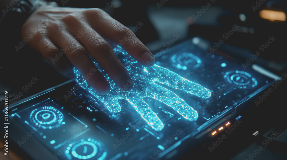 Poster cybersecurity focus: individual engaging with digital interface for password protection and security