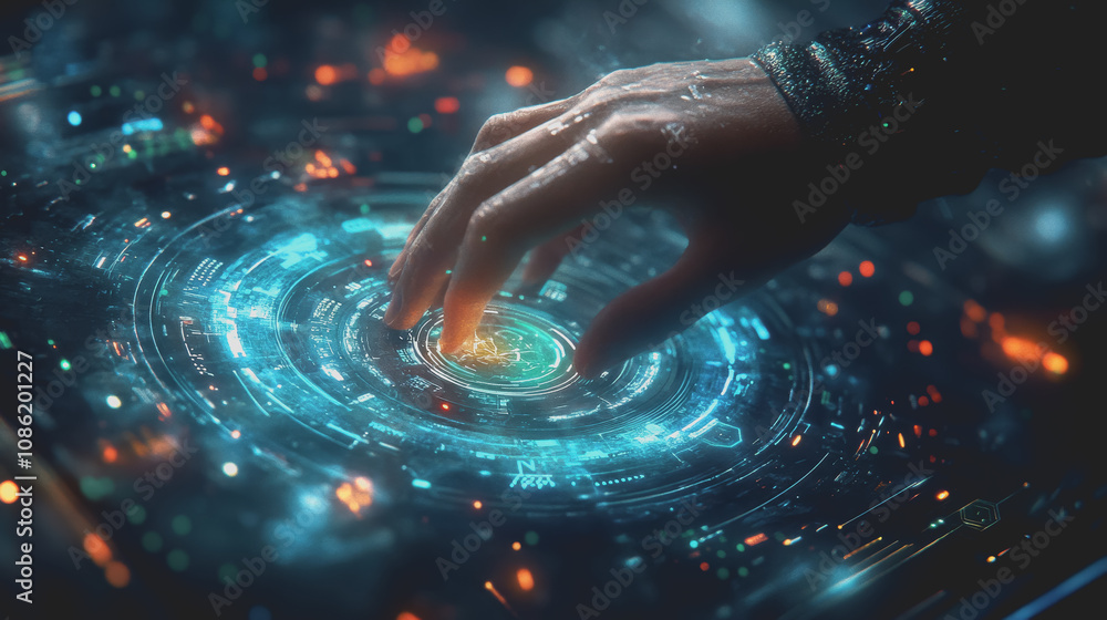 Poster a close-up of a hand interacting with a futuristic digital interface, symbolizing cybersecurity and 