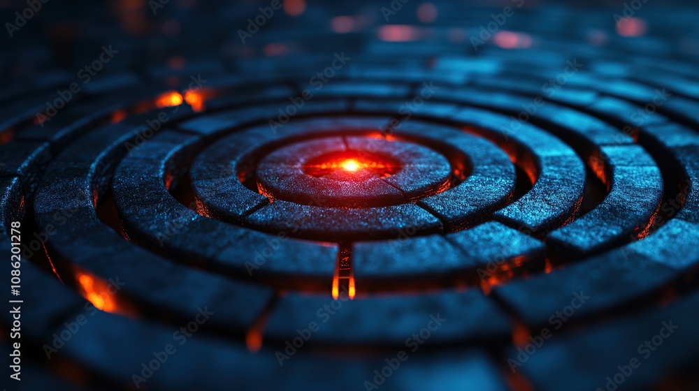 Poster a glowing spiral pattern of bricks with a central ember, creating a mystical atmosphere.