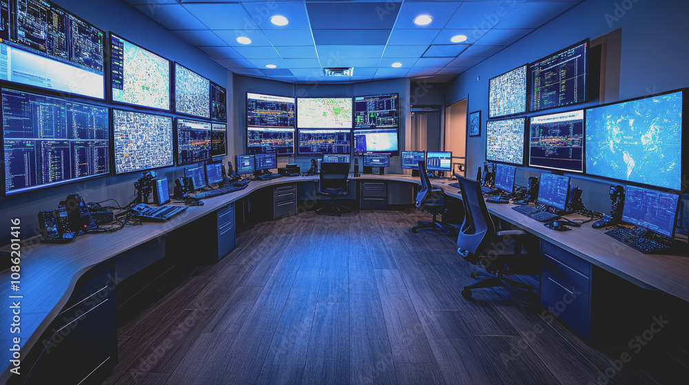 Poster advanced digital surveillance technology concept showcasing a high-tech control room with multiple m