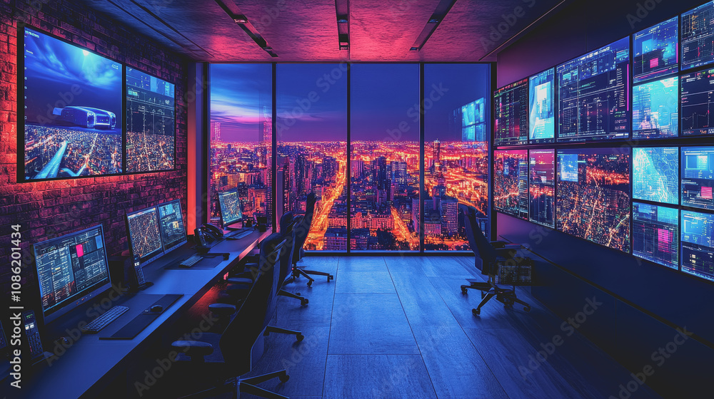 Poster futuristic digital surveillance technology concept in a high-tech control room overlooking a city at