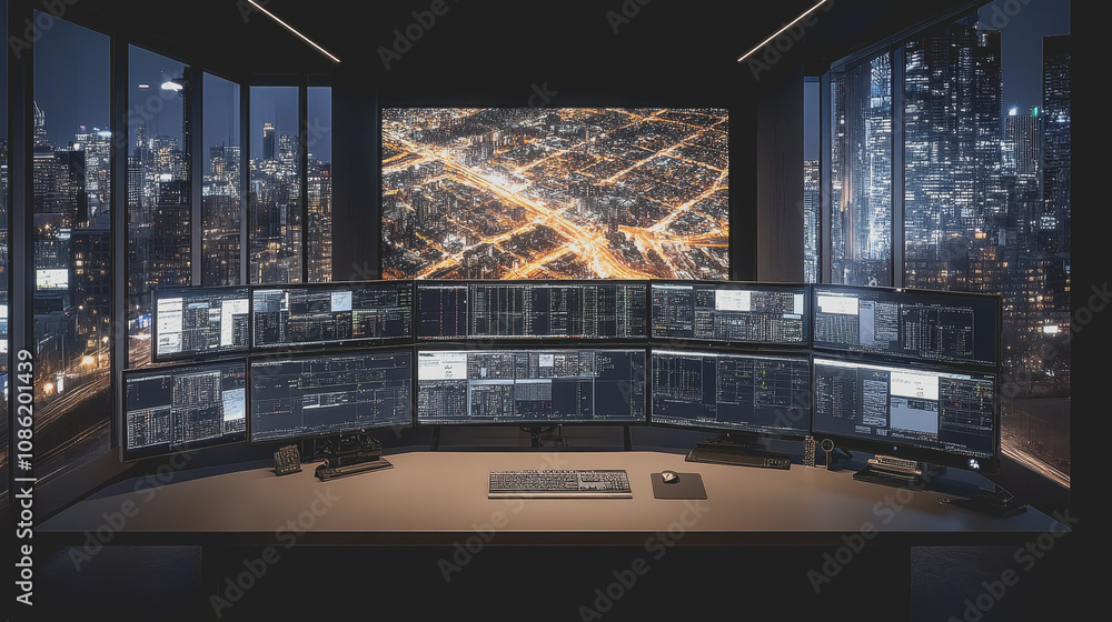 Aufkleber advanced digital surveillance technology concept showcasing multiple monitors displaying city data a