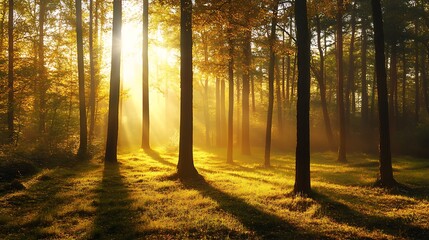 Obraz premium Sunrise in the autumn forest. Golden sunlight through trees.