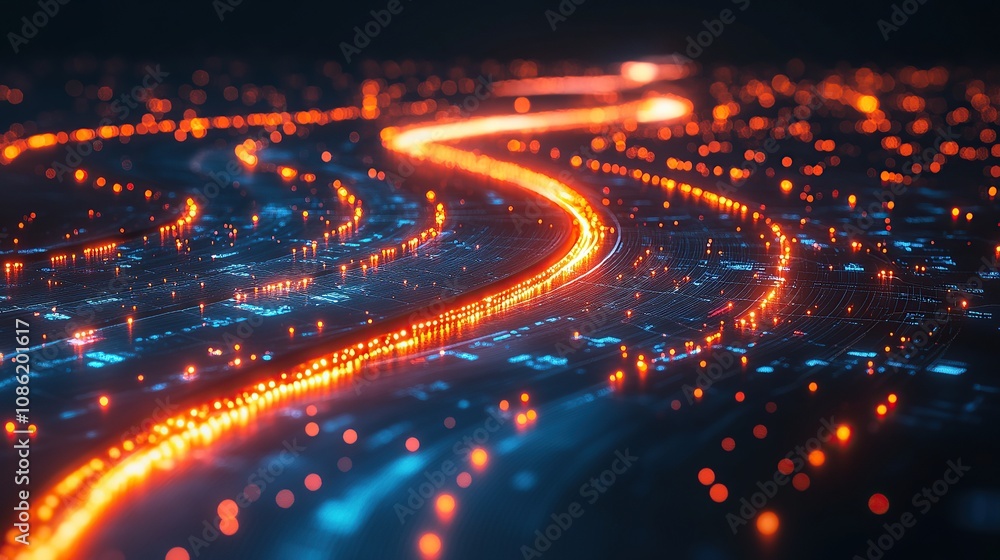 Poster abstract representation of data flow with glowing lines and particles.