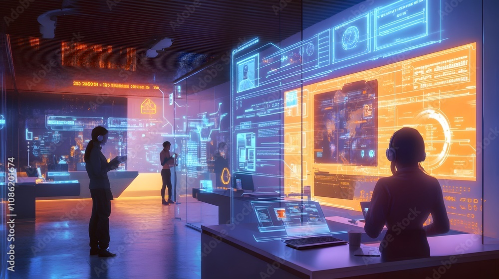 Poster 28. a high-tech customer service center with virtual avatars assisting clients, floating customer su