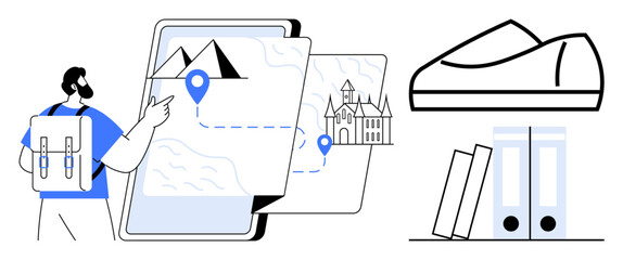 Traveler with backpack points at digital map showing route between mountains and castle, bookshelves, and shoe drawing. Ideal for travel planning, education, technology, navigation apps, adventure