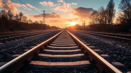 Obraz premium Train Tracks Sunset Landscape