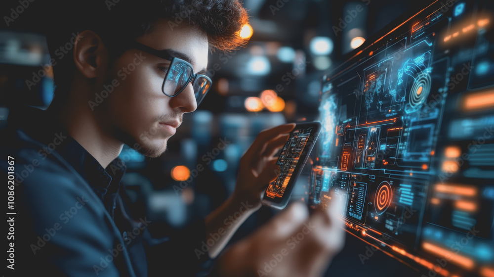 Poster close-up of a young professional engaging with biometric authentication technology on smartphone and