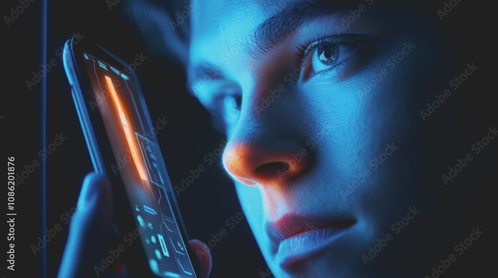 Poster close-up of high-tech biometric authentication process featuring a young person's face with a smartp