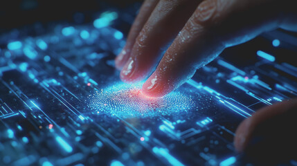 Futuristic Fingerprint Scanning Technology: Close-Up of a Finger on a Digital Interface with Neon Effect and Data Visualization Elements