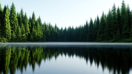 Obraz premium Serene forest lake reflecting tall pine trees in tranquil nature.