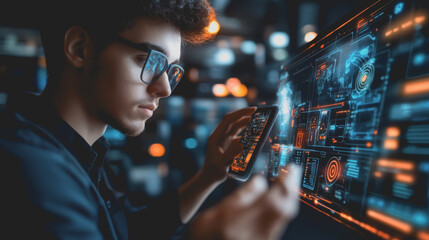 Close-Up of a Young Professional Engaging with Biometric Authentication Technology on Smartphone and Advanced Digital Interface in a High-Tech Environment