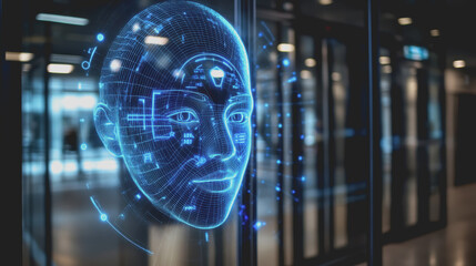 Close-Up View of High-Tech Biometric Authentication Face Displaying Digital Interfaces and Patterns in a Modern Setting for Security Solutions