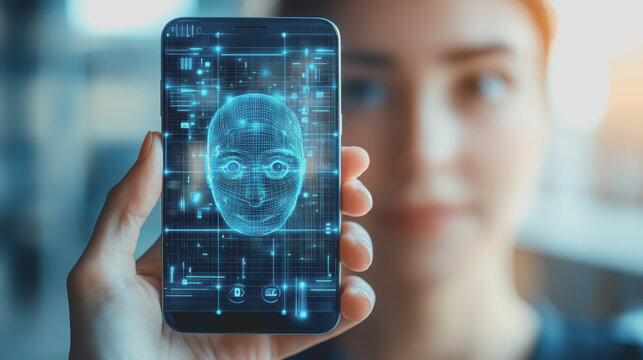 Close-up of a High-Tech Biometric Authentication System Displayed on a Smartphone with a Futuristic Facial Recognition Interface