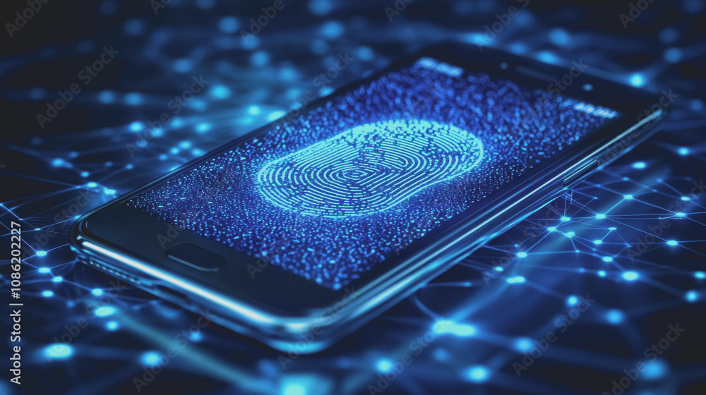 Poster high-tech smartphone featuring advanced fingerprint scanner and digital network background for moder