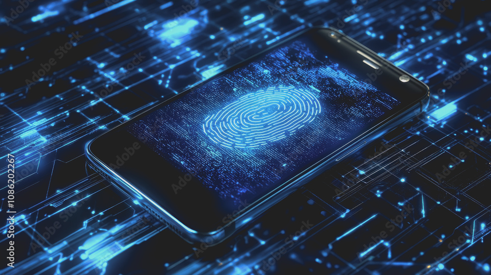 Poster high-tech smartphone illustration featuring a fingerprint scanner on a futuristic digital background