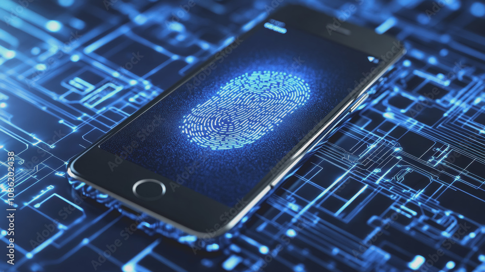 Poster illustration of a modern smartphone featuring a fingerprint scanner on a futuristic digital backgrou