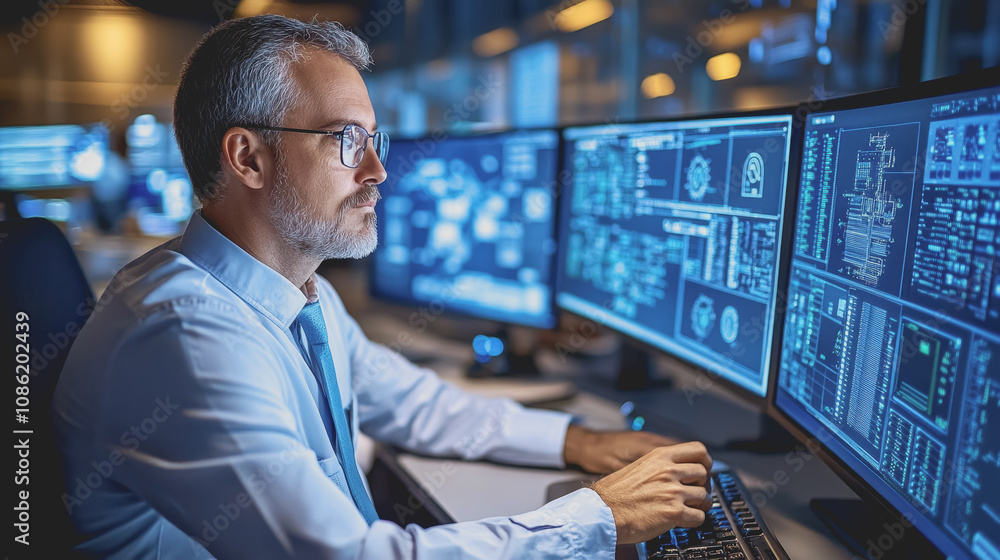 Poster business professional in high-tech control room analyzing data on multiple monitors, representing mo