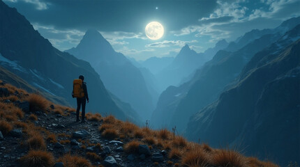 Obraz premium far silhouette hiker, trekking in the mountains with a backpack, night beautiful landscape, panorama cinematic