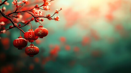 Vibrant red lanterns hanging on cherry blossom tree branches with soft bokeh for chinese new year celebration