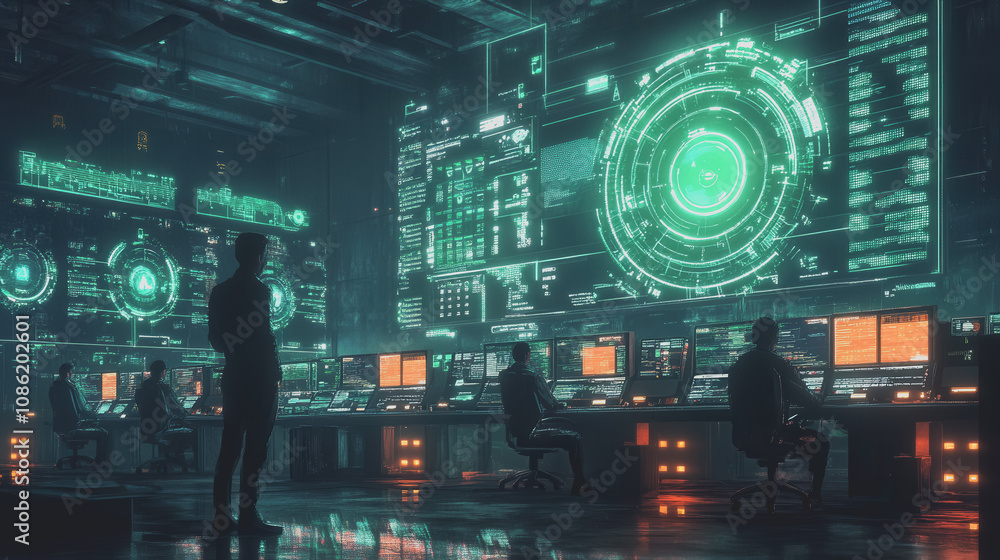 Poster high-tech control room featuring business professionals engaged in monitoring operations with advanc