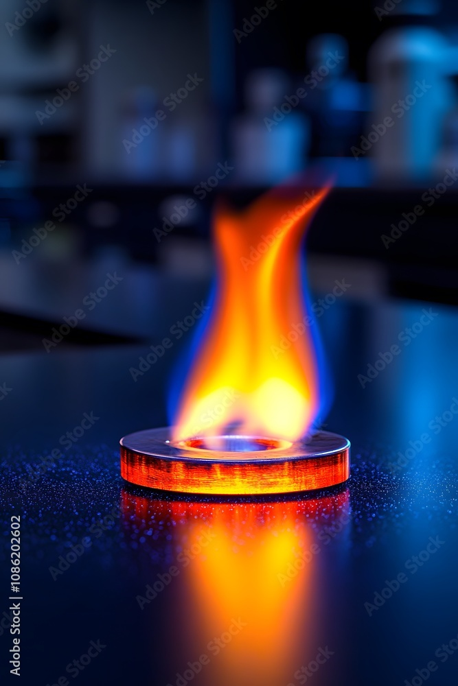 Poster a flame emanating from a circular base, showcasing vibrant colors in a laboratory setting.