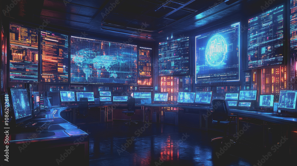 Poster high-tech control room for business professionals featuring advanced monitoring systems and sophisti