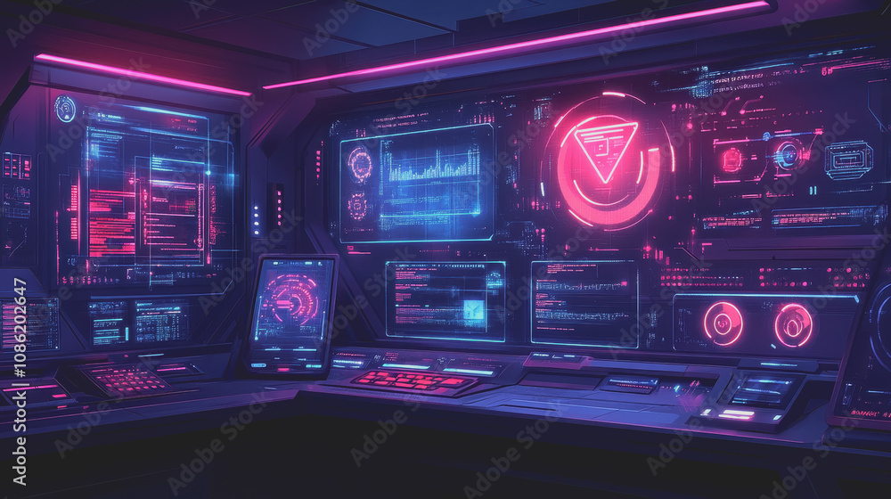Poster futuristic tech office workspace featuring advanced security systems and neon displays with a modern