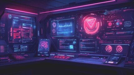 Fototapeta premium Futuristic Tech Office Workspace Featuring Advanced Security Systems and Neon Displays with a Modern Aesthetic in a Virtual Environment