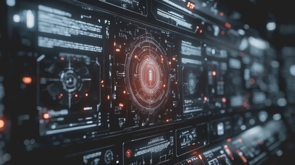 Fototapeta premium Futuristic Tech Office Setting with Security Interfaces and Modern Design Elements Showcasing Advanced Digital Displays and Control Panels in a 2D Environment