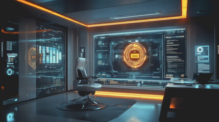 Futuristic Security Office in a Modern Tech Environment Featuring High-Tech Displays and Sleek Design Suitable for Innovation and Strategic Planning