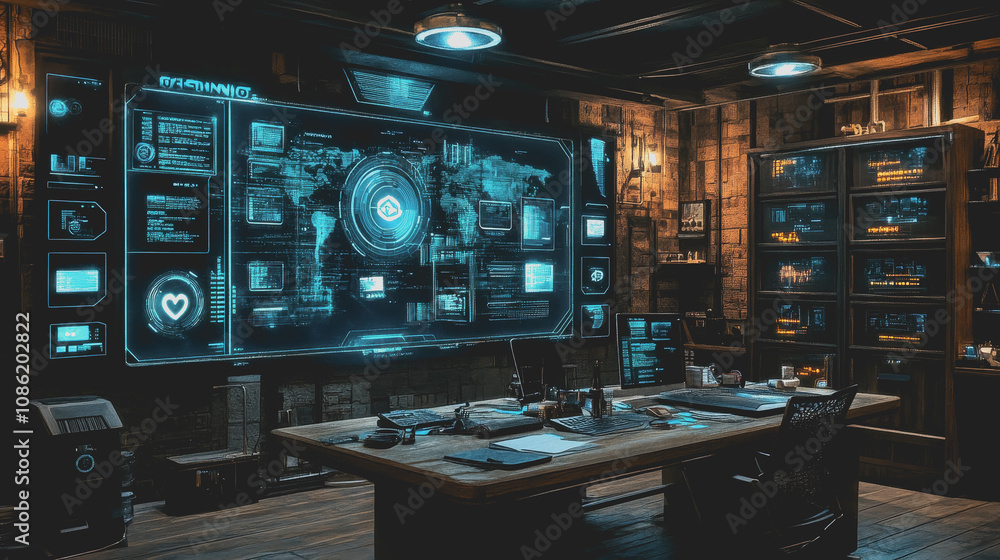 Poster a futuristic tech office setting featuring advanced security systems and modern design elements for 