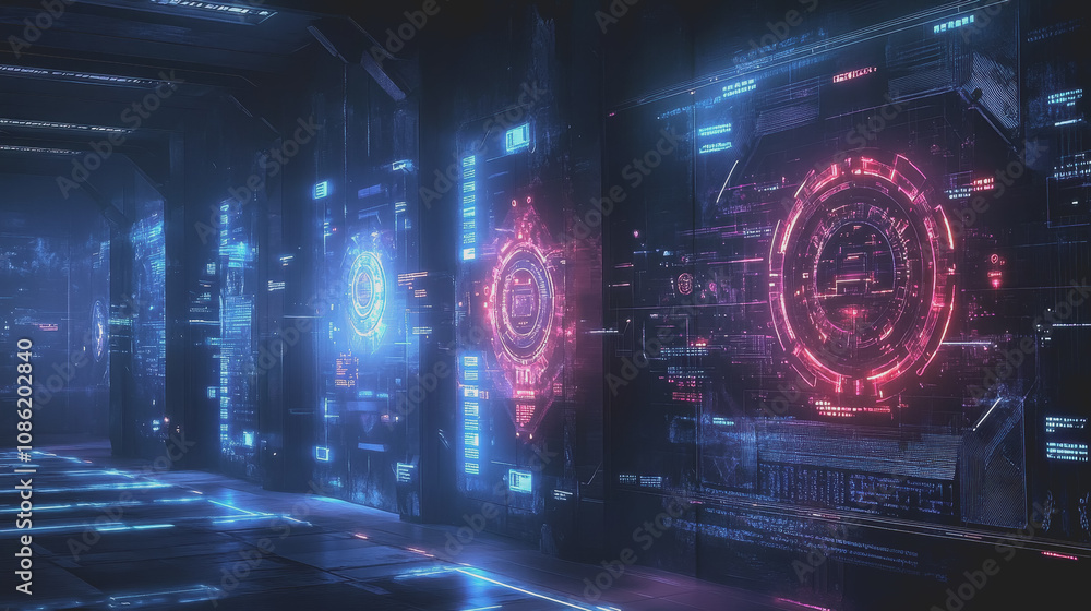 Poster futuristic technology office with advanced security features in a modern high-tech environment enhan