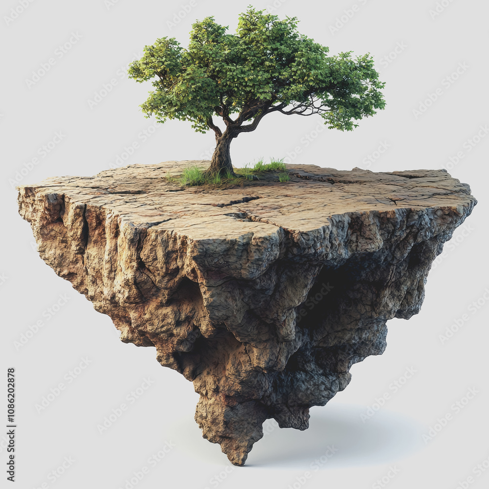 Poster isolated of a floating rock formation with a lush tree and grass on a white background for environme