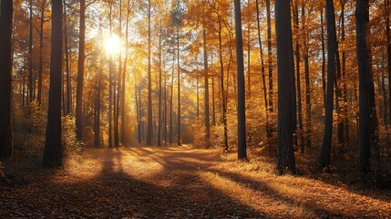 Fototapeta premium Autumn forest path sunlight trees