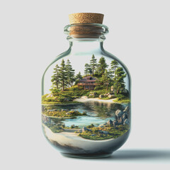 Scenic Illustration of a Tranquil Lakeside Cabin Encased in a Glass Bottle with Scenic Greenery and Reflections on Water, Isolated on White Background