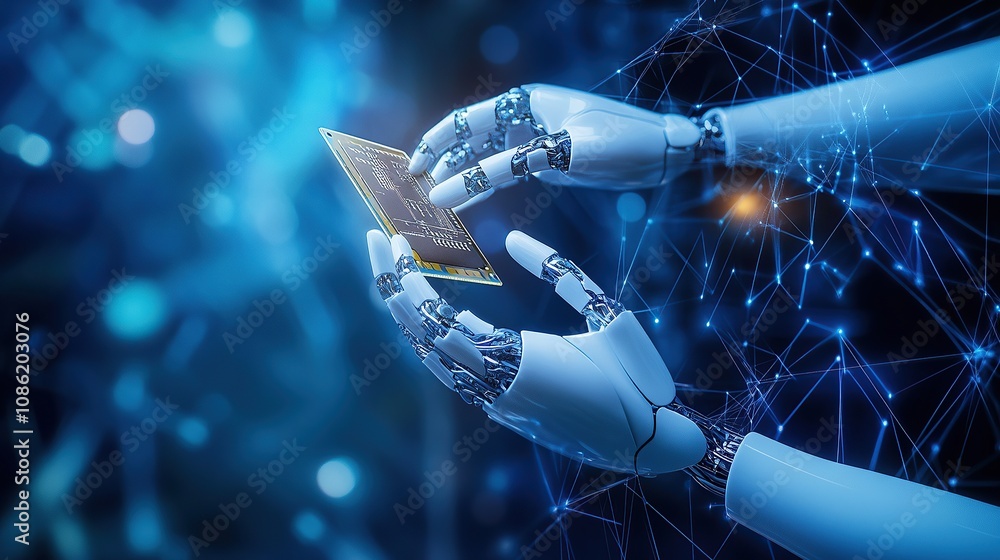 Poster a robotic hand holds a microchip, symbolizing advanced technology and innovation.
