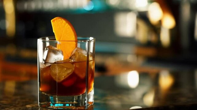 extreme close up focus on cocktail glass of whiskey old fashioned rum cocktail with cubes of ice around on a dark background on a bar in a club or pub. drinks served in glass with lemon