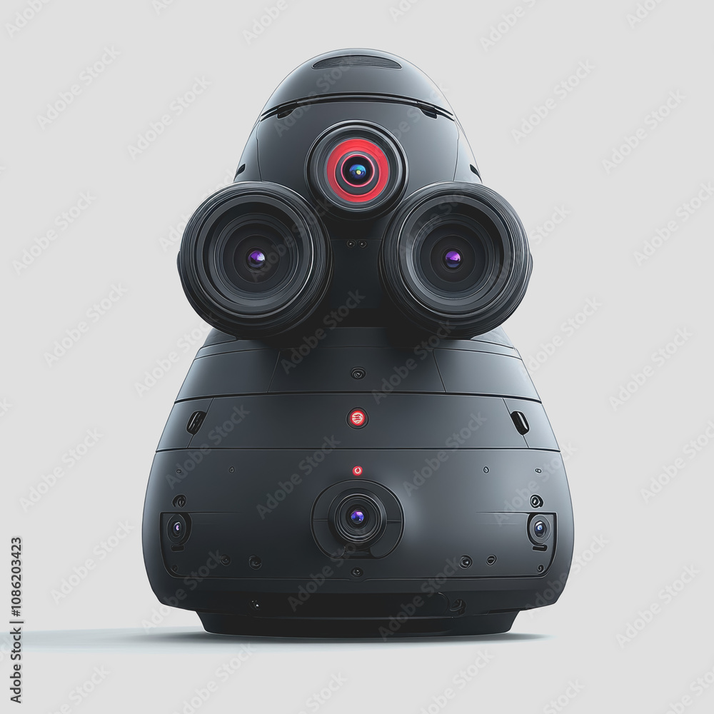 Poster modern surveillance camera isolated on white background, featuring multiple lenses and high-tech des
