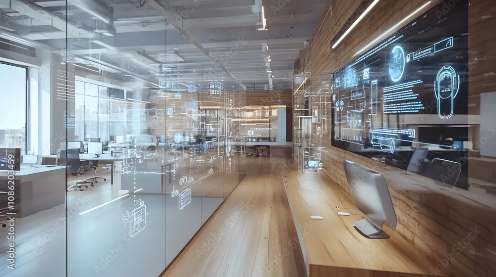 Poster 10. a technology startup office with holographic prototypes of wearable devices and interactive disp