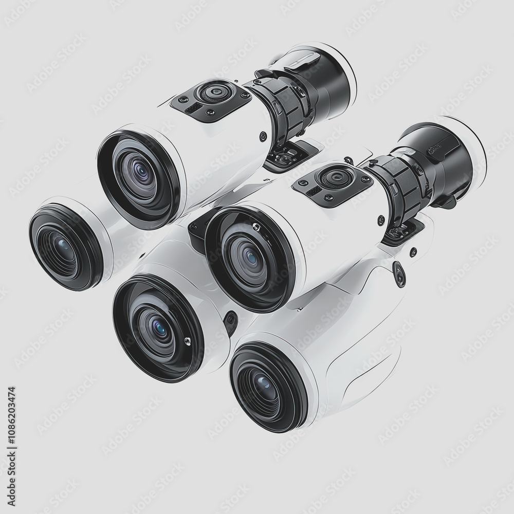 Poster high-resolution 3d illustration of multiple surveillance cameras isolated on white background for en