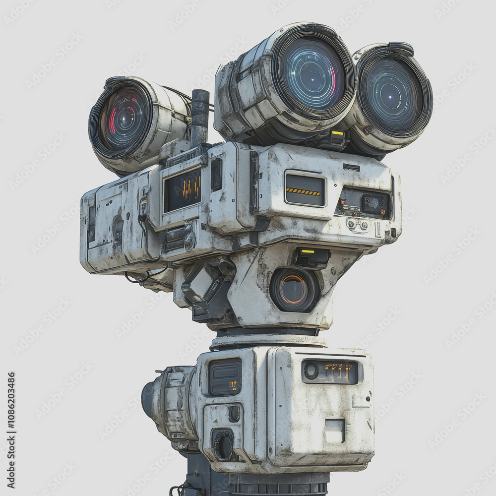 Poster isolated 3d illustration of a surveillance camera robot with multiple lenses on a white background f