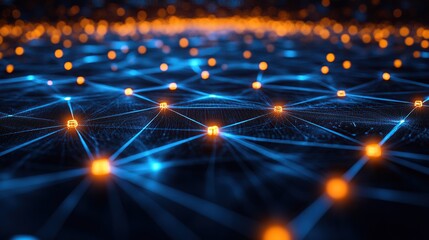 Obraz premium A digital network representation with glowing nodes and connections.