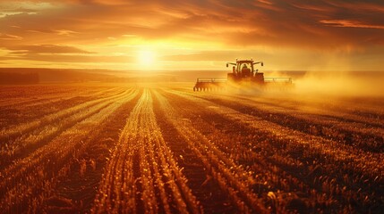 Fototapeta premium Tractor Working Golden Sunset Agricultural Field