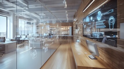 10. A technology startup office with holographic prototypes of wearable devices and interactive displays showing app interfaces